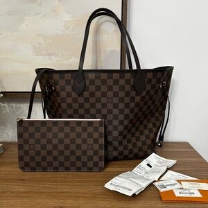 *AUTHENTIC* Louis Vuitton Neverfull MM – Damier Ebene | Rose Ballerine Interior